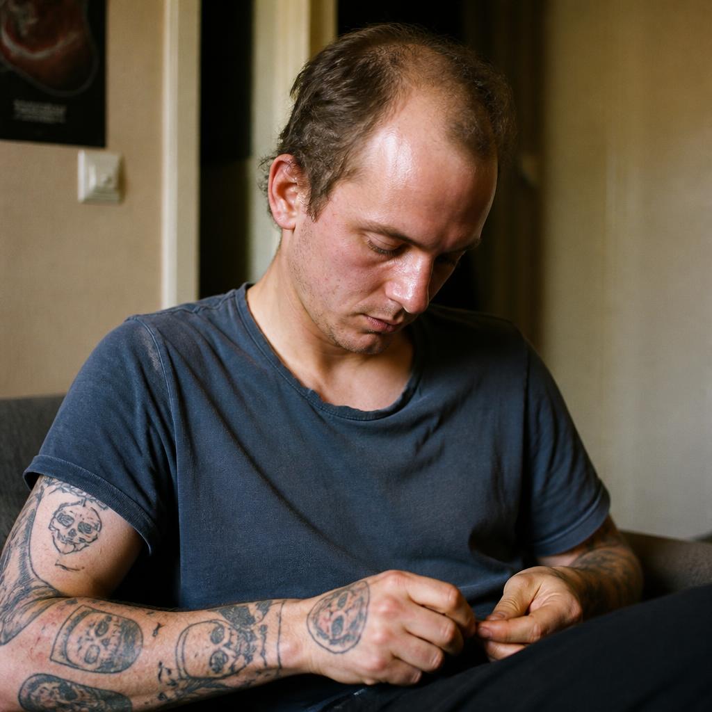 Man omkring 25 år med tunnhårig och tatuerade armar, tittar ner i försjunkna tankar